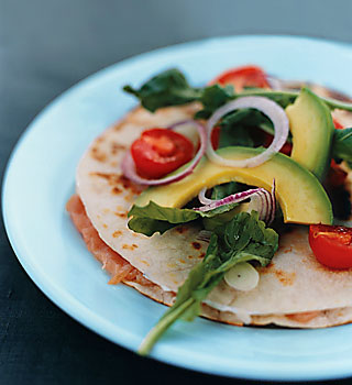 Smoked-Salmon Quesadillas with Warm Tomatoes and Arugula recipe