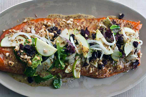 Hot Smoked Salmon with Apples, Dried Cherries, Hazelnuts and Greens recipe